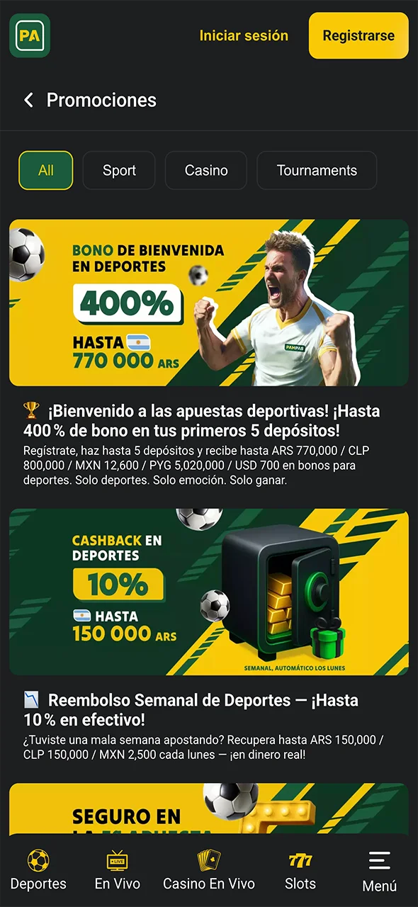 Bonificaciones y promociones del casino Pampas Bet.
