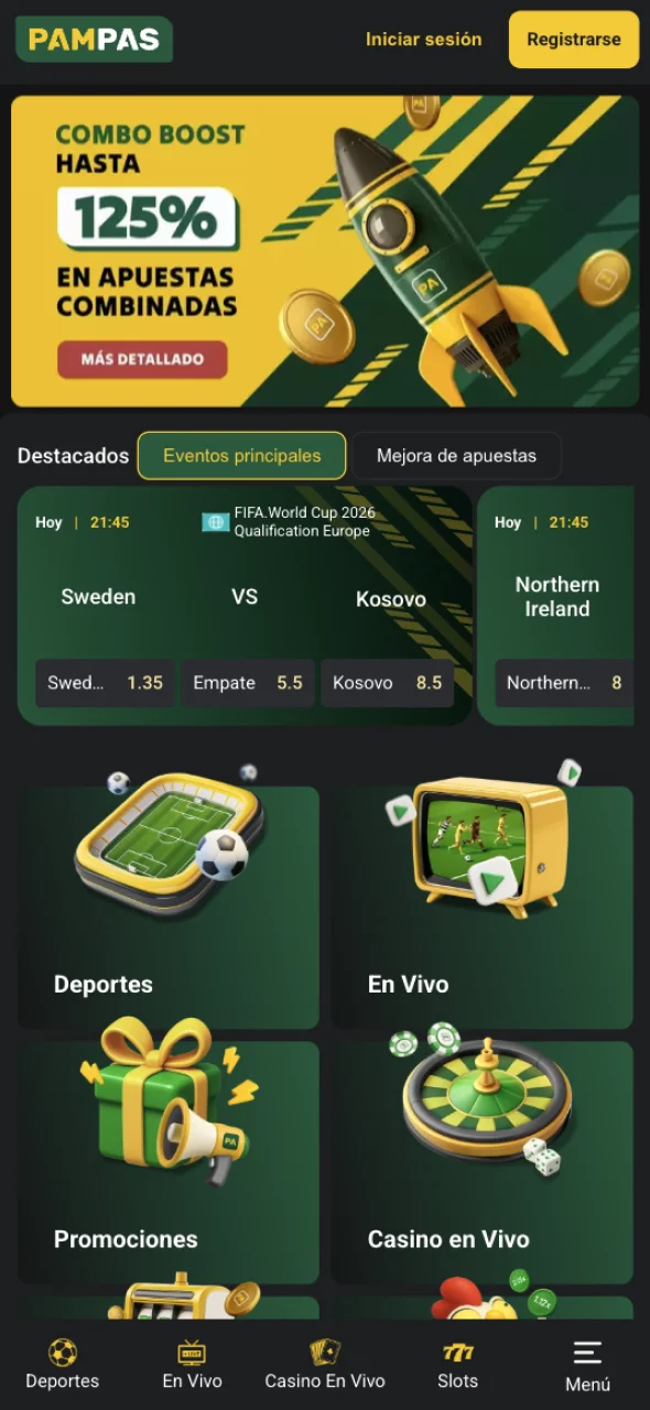 Página principal de la aplicación Pampas Bet.