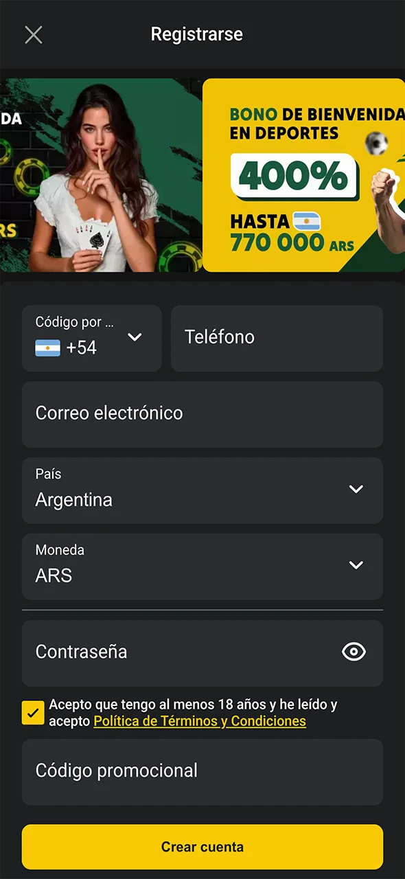 Formulario de registro en el sitio web de Pampas Bet.
