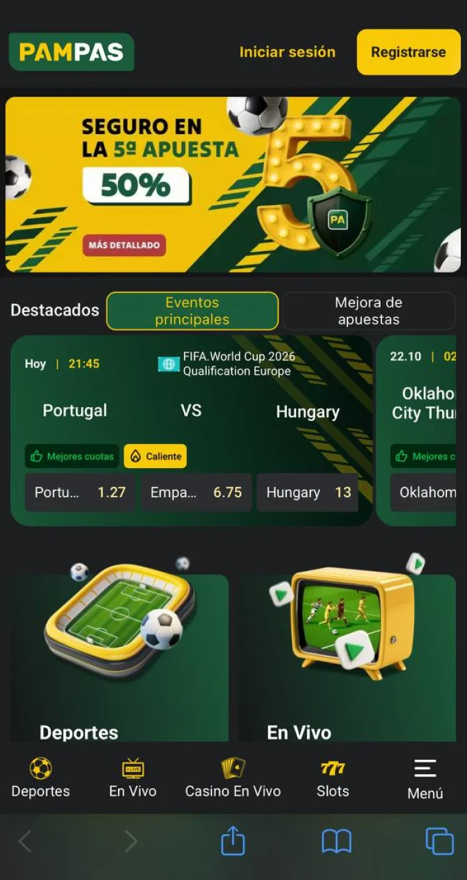 Abre el menú del navegador Safari y ve a la configuración de la aplicación Pampas Bet.