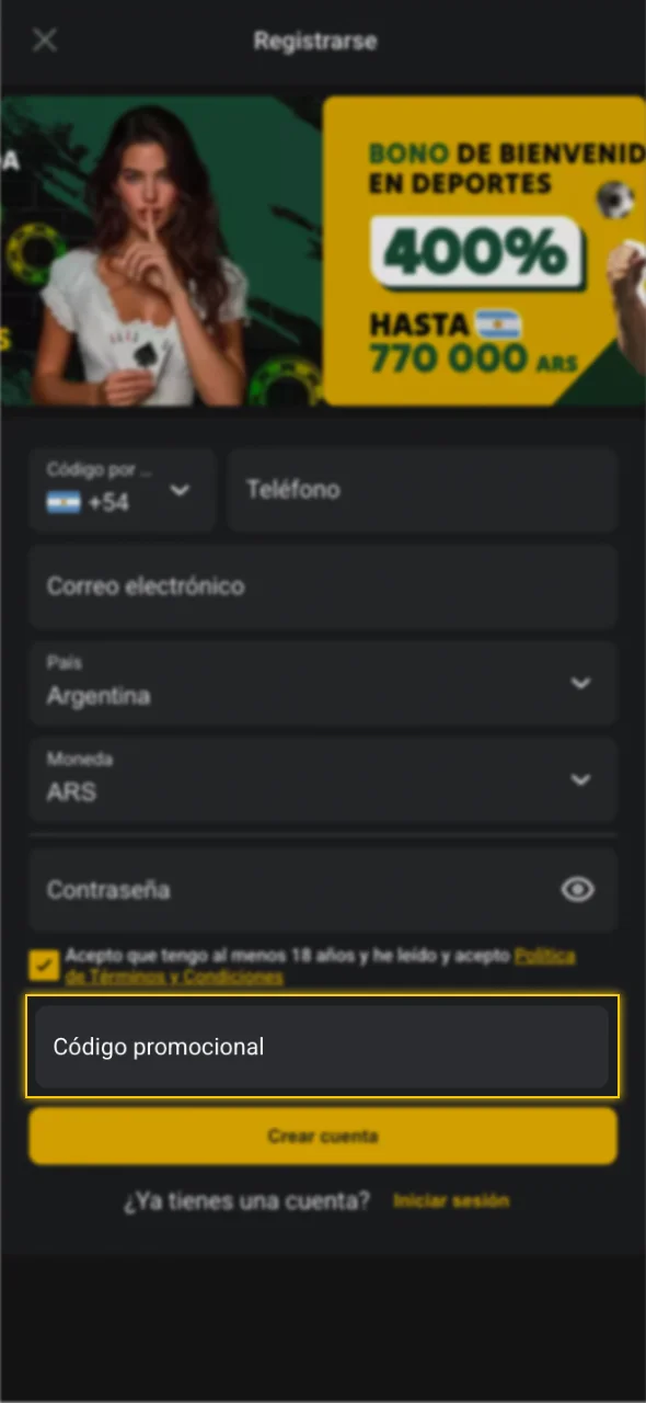 Introduce el código promocional que te dará un bono por tu primer depósito en Pampas Bet.
