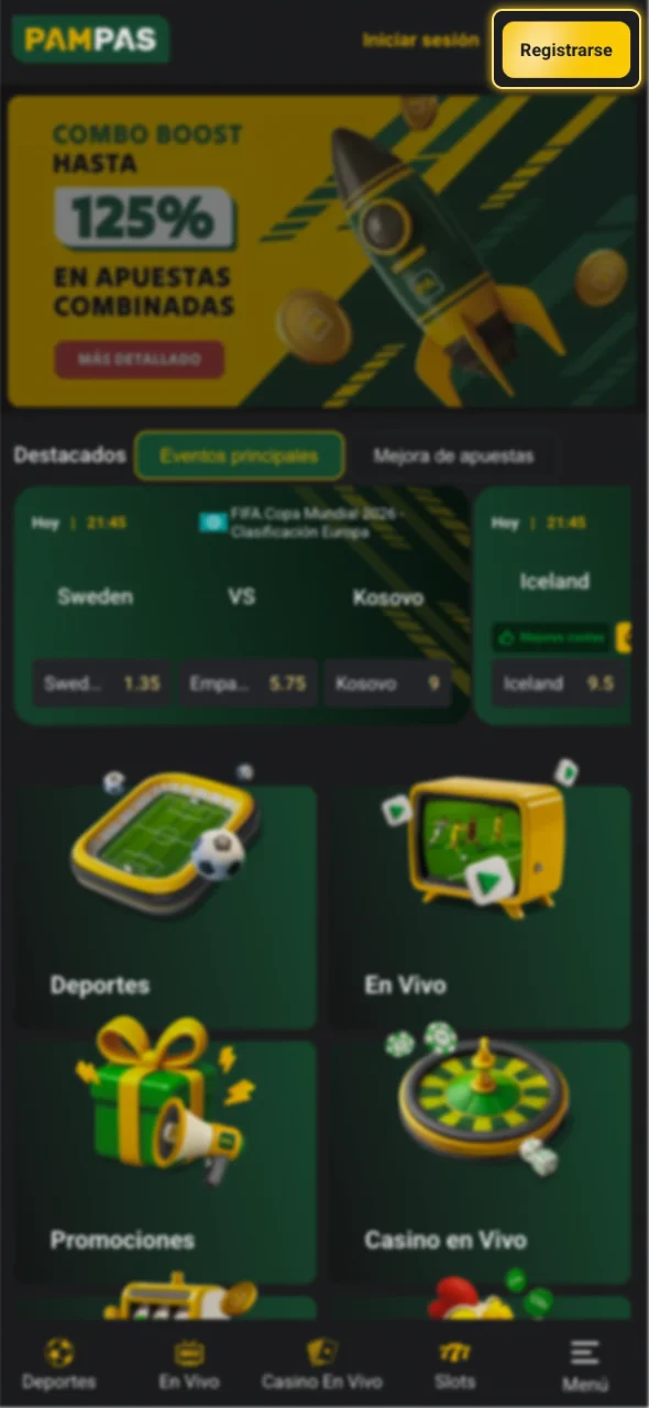Seleccione el botón amarillo para registrarse en el sitio web de Pampas Bet.
