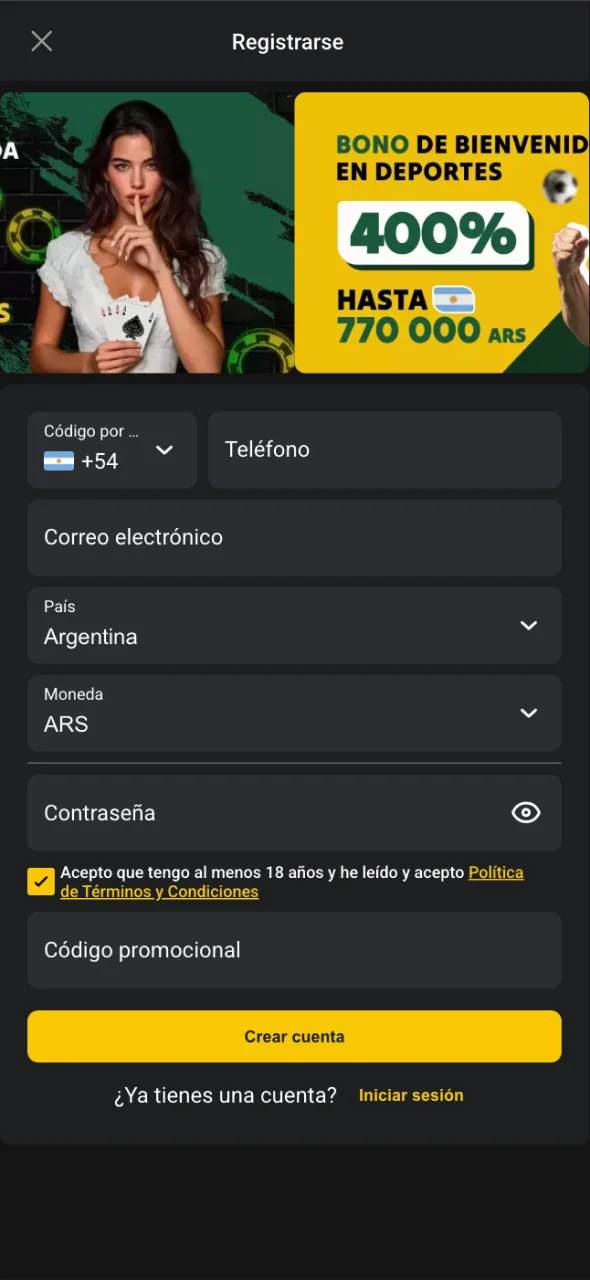 Introduzca cuidadosamente sus datos para registrarse en el sitio web de Pampas Bet.