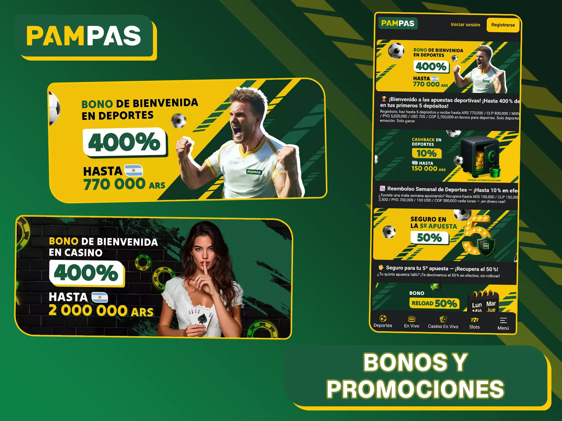 Reciba bonificaciones de bienvenida y otras bonificaciones en la aplicación móvil Pampas Bet.