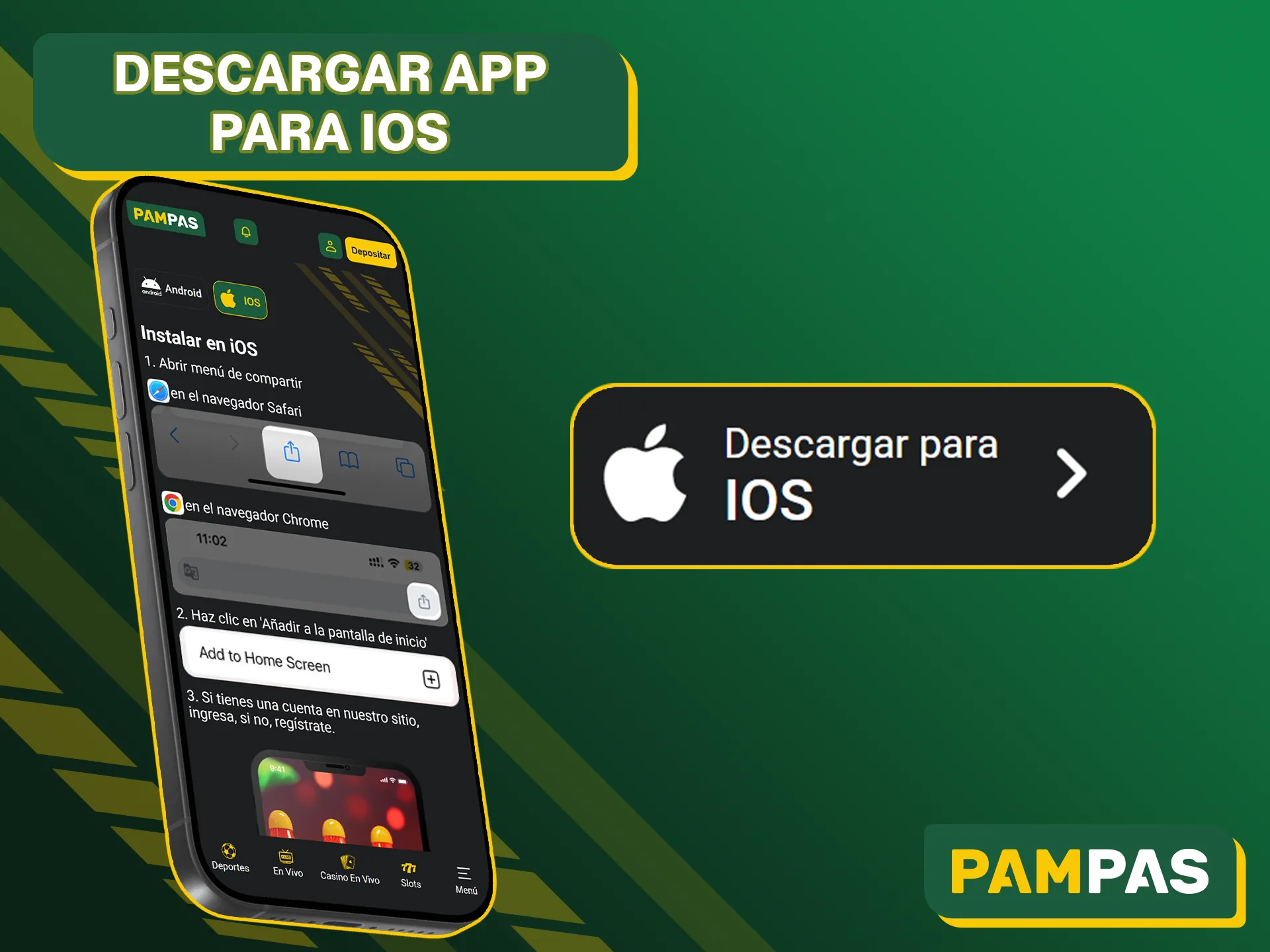 Utiliza PWA Pampas Bet en tu dispositivo iOS.