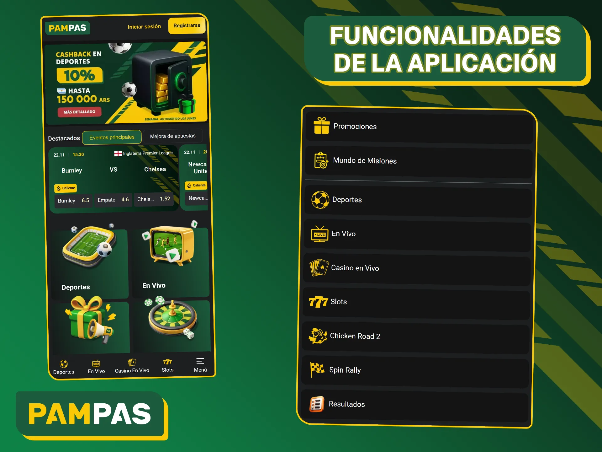 La aplicación móvil Pampas Bet ofrece acceso completo a las apuestas deportivas, el casino y la gestión de la cuenta en tiempo real.