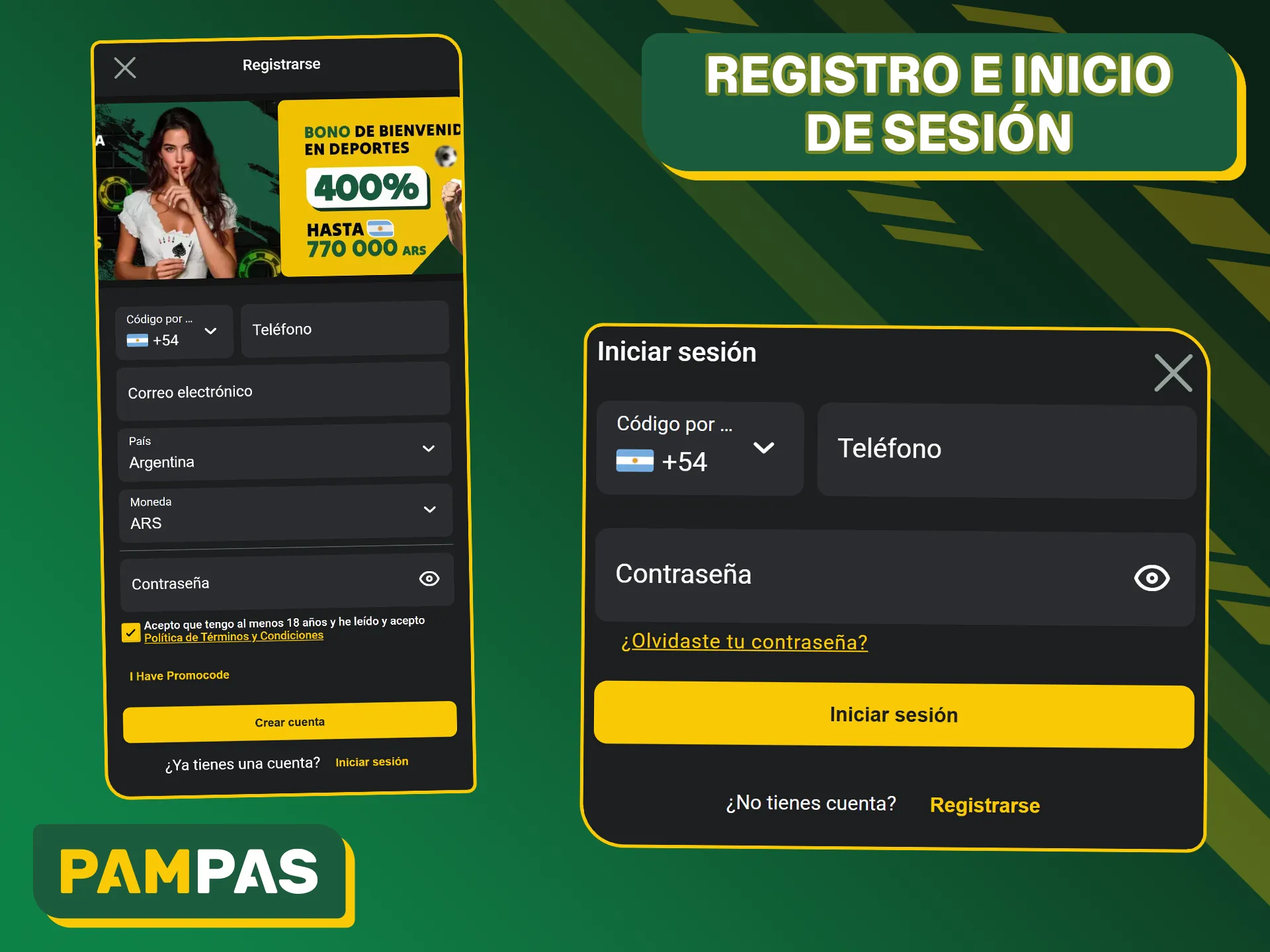 Crea una cuenta en Pampas Bet con tu número de teléfono o inicia sesión en una cuenta existente introduciendo los datos necesarios.