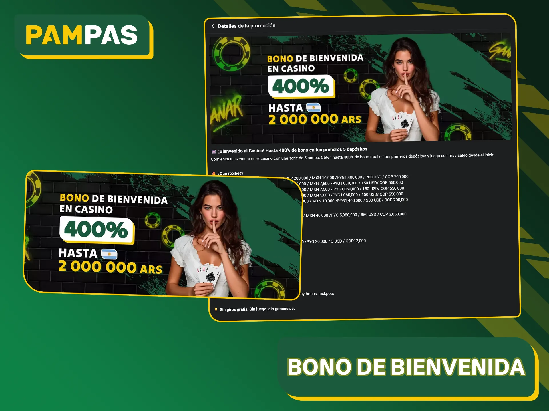 El casino Pampas Bet ofrece un bono de bienvenida por los cinco primeros depósitos en el casino.