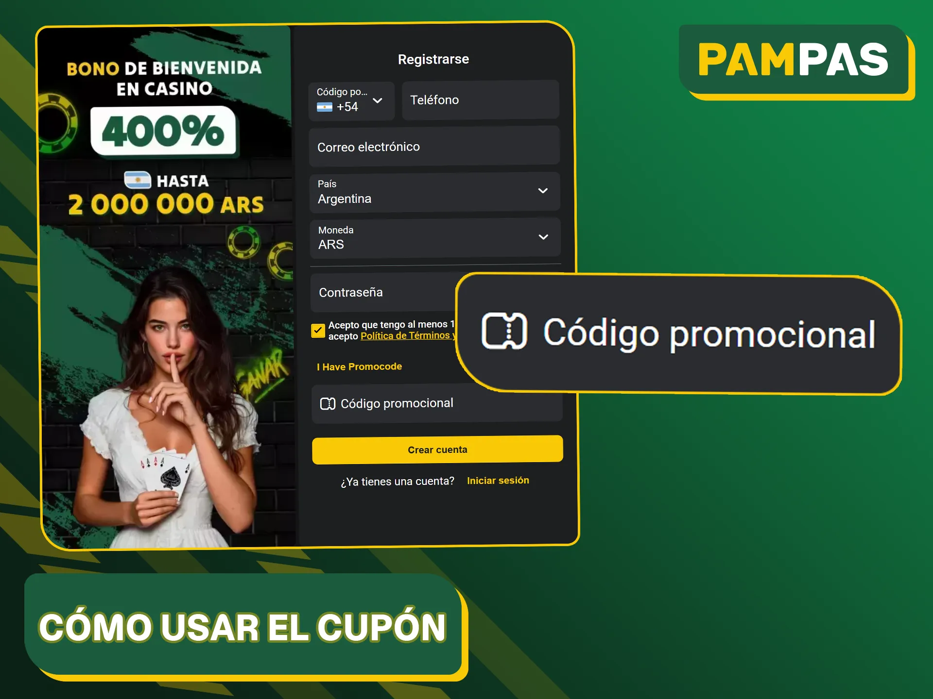 Aplica el cupón al registrarte en Pampas Bet o al recargar tu cuenta.
