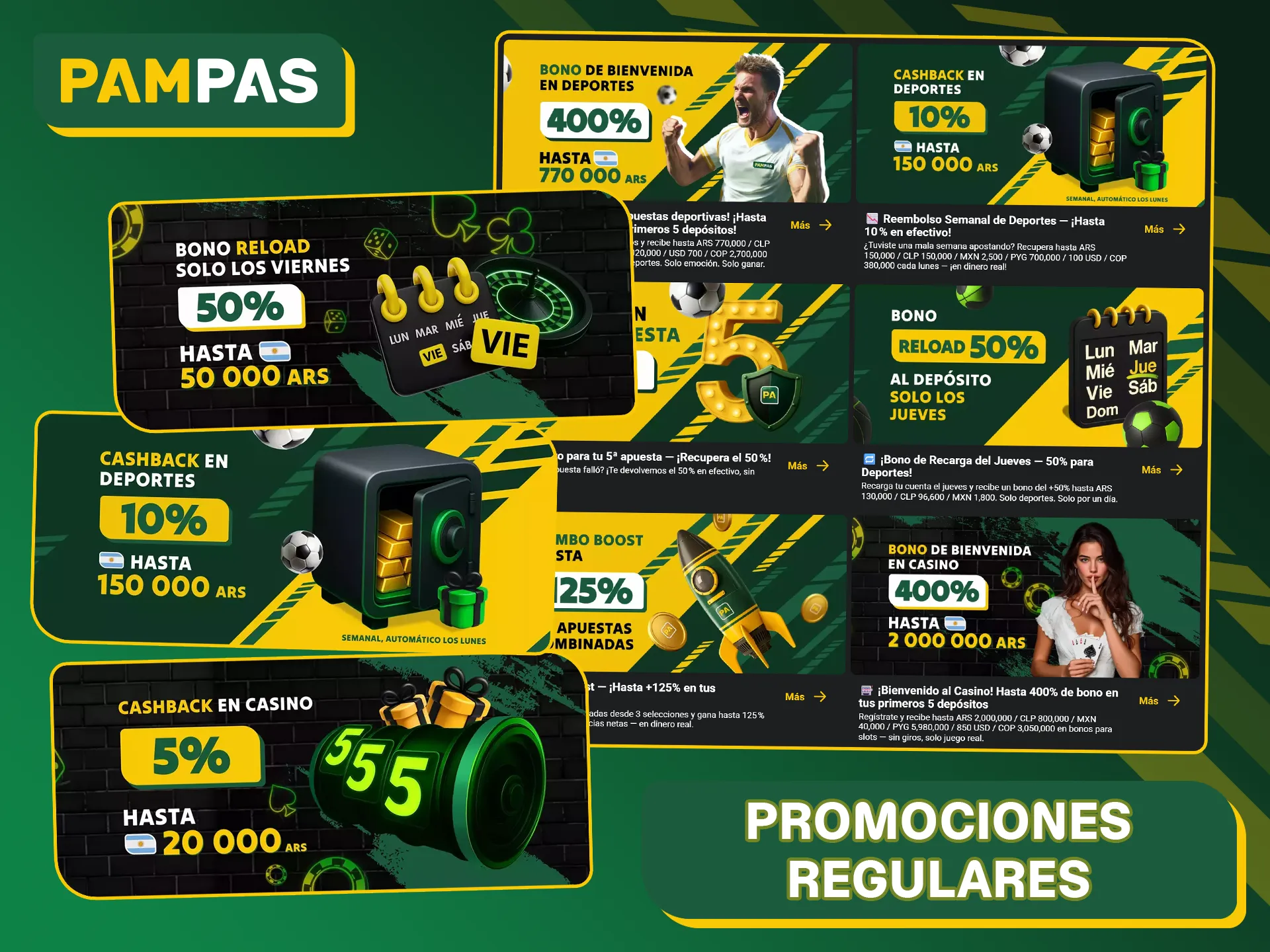 Pampas Bet ofrece promociones como el bono Reload de los viernes y reembolsos semanales en deportes y casino.