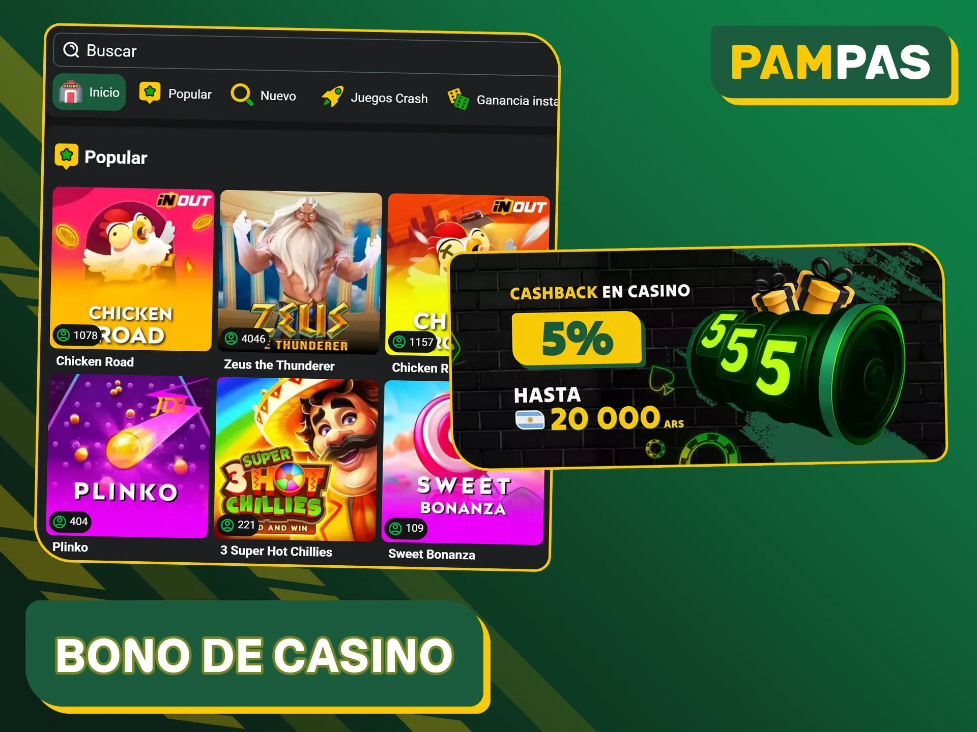 Recupere parte del dinero perdido en el casino Pampas Bet todos los lunes.