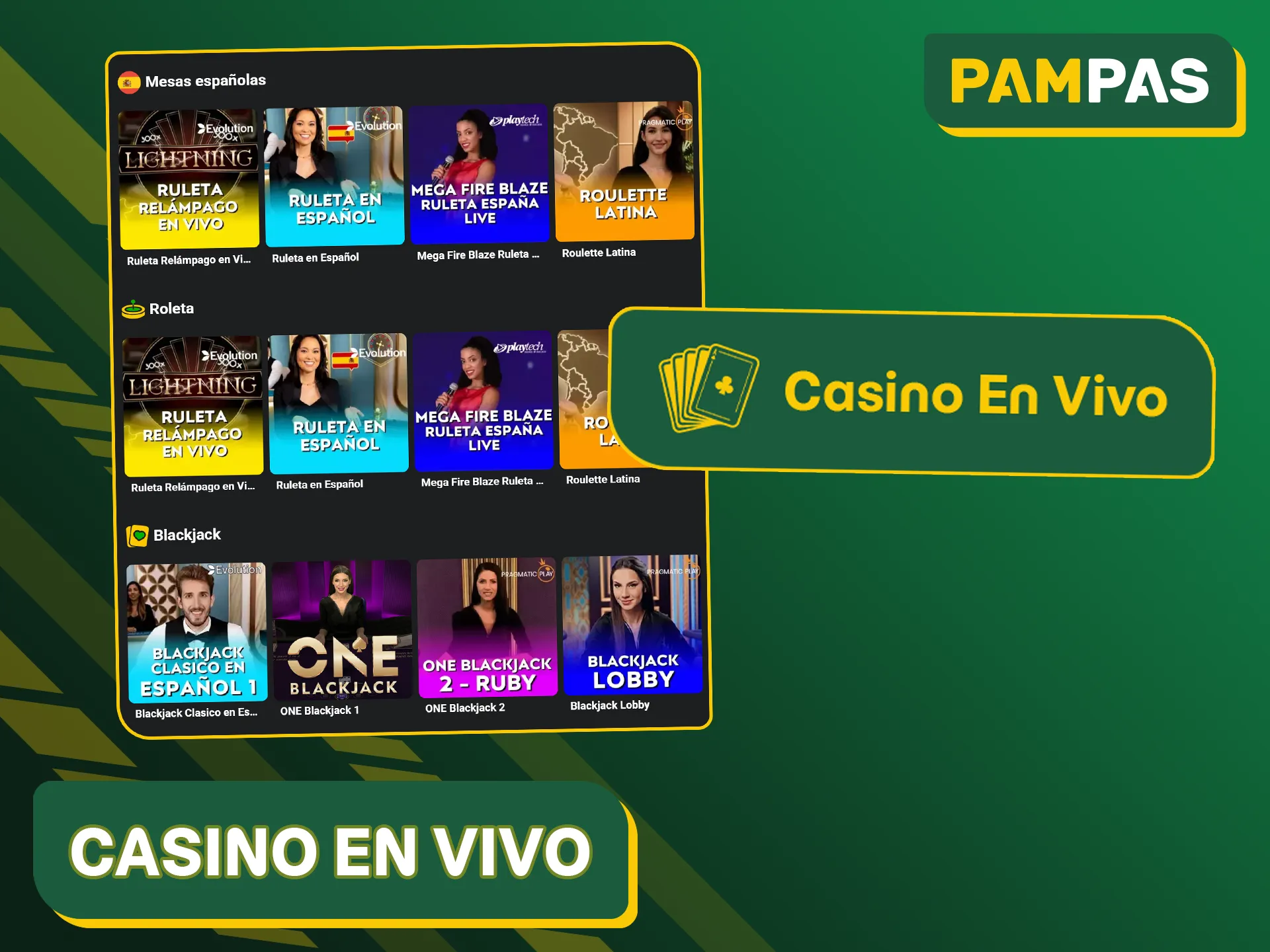 Juega con crupieres reales en el casino en vivo Pampas Bet.