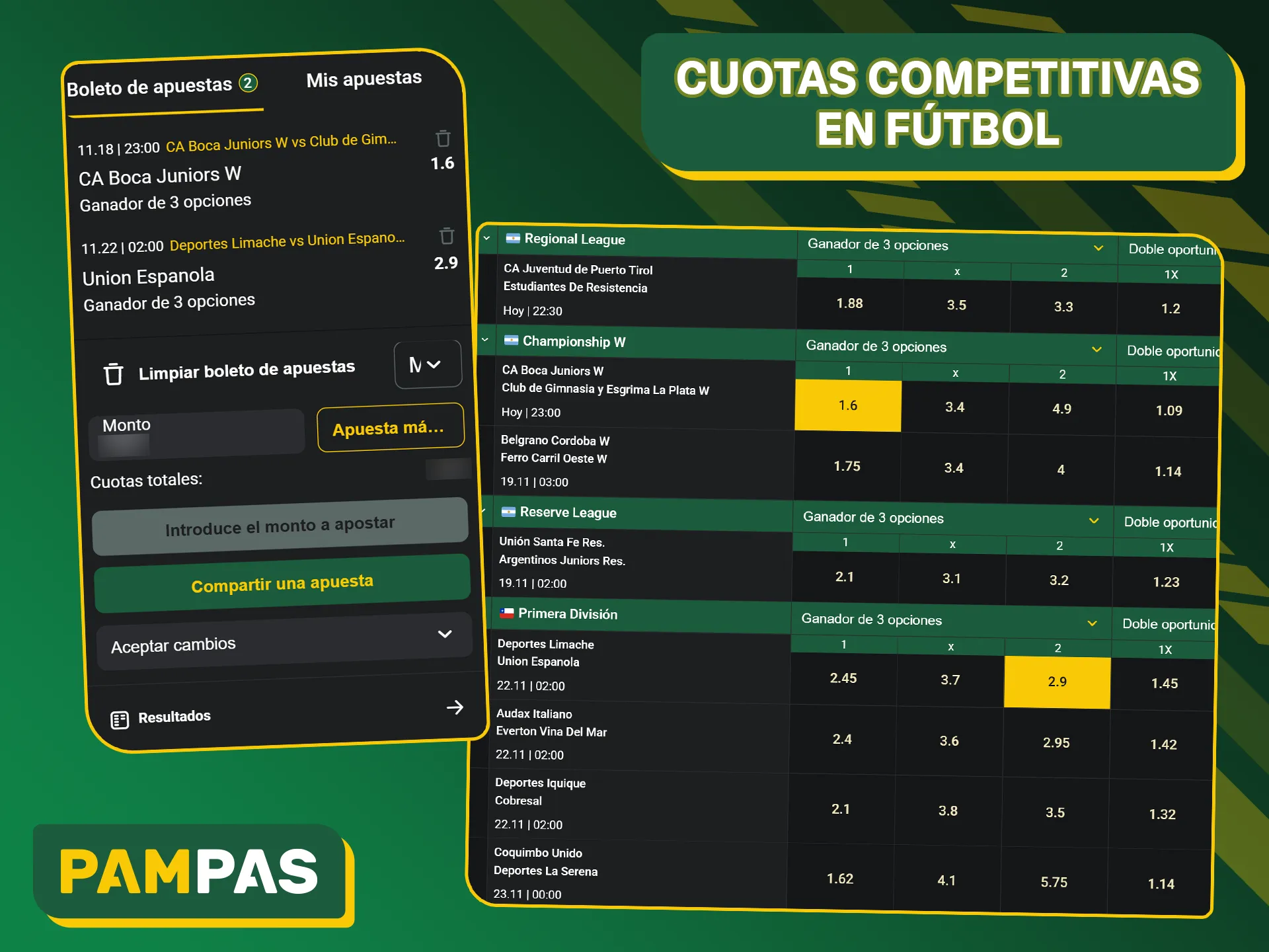 Pampas Bet ofrece cuotas atractivas y una amplia selección de ligas de fútbol.