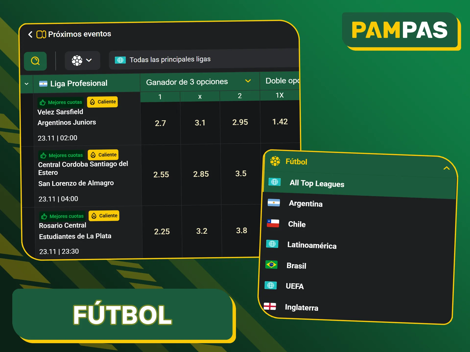 Pampas Bet ofrece numerosas opciones de apuestas para los partidos de fútbol más populares.