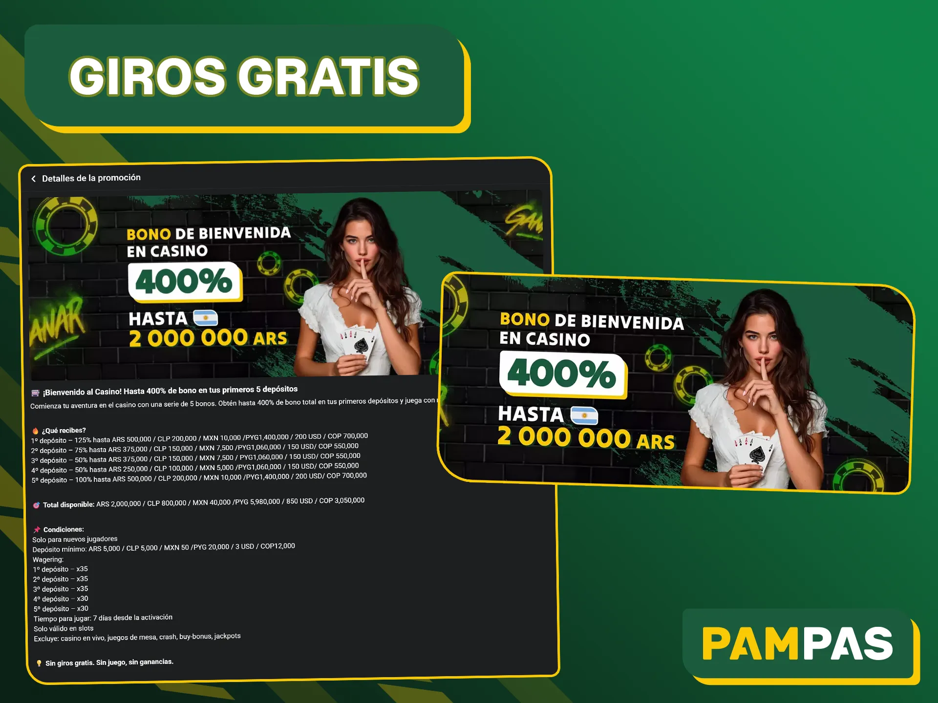 Reciba un bono de bienvenida por sus primeros cinco depósitos en Pampas Bet.