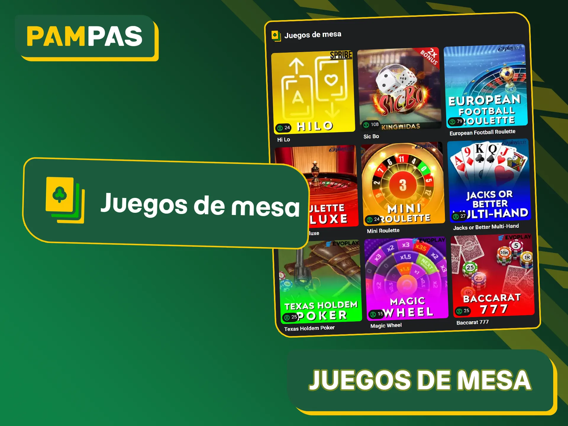 Juega a los juegos de casino tradicionales en la sección de juegos de mesa de Pampas Bet.
