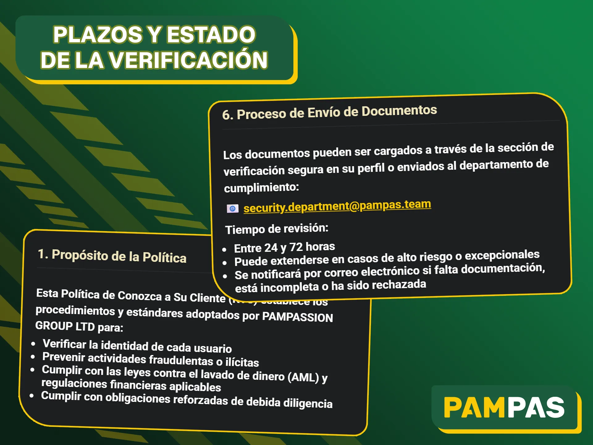 Infórmese sobre los plazos para confirmar su información personal para verificar su cuenta de Pampas Bet.