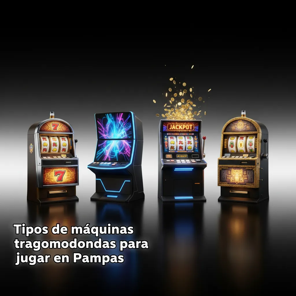 Infografía de tipos de tragamonedas en Pampas: 3 rodillos, video, Megaways, jackpots, Cluster Pays y más.